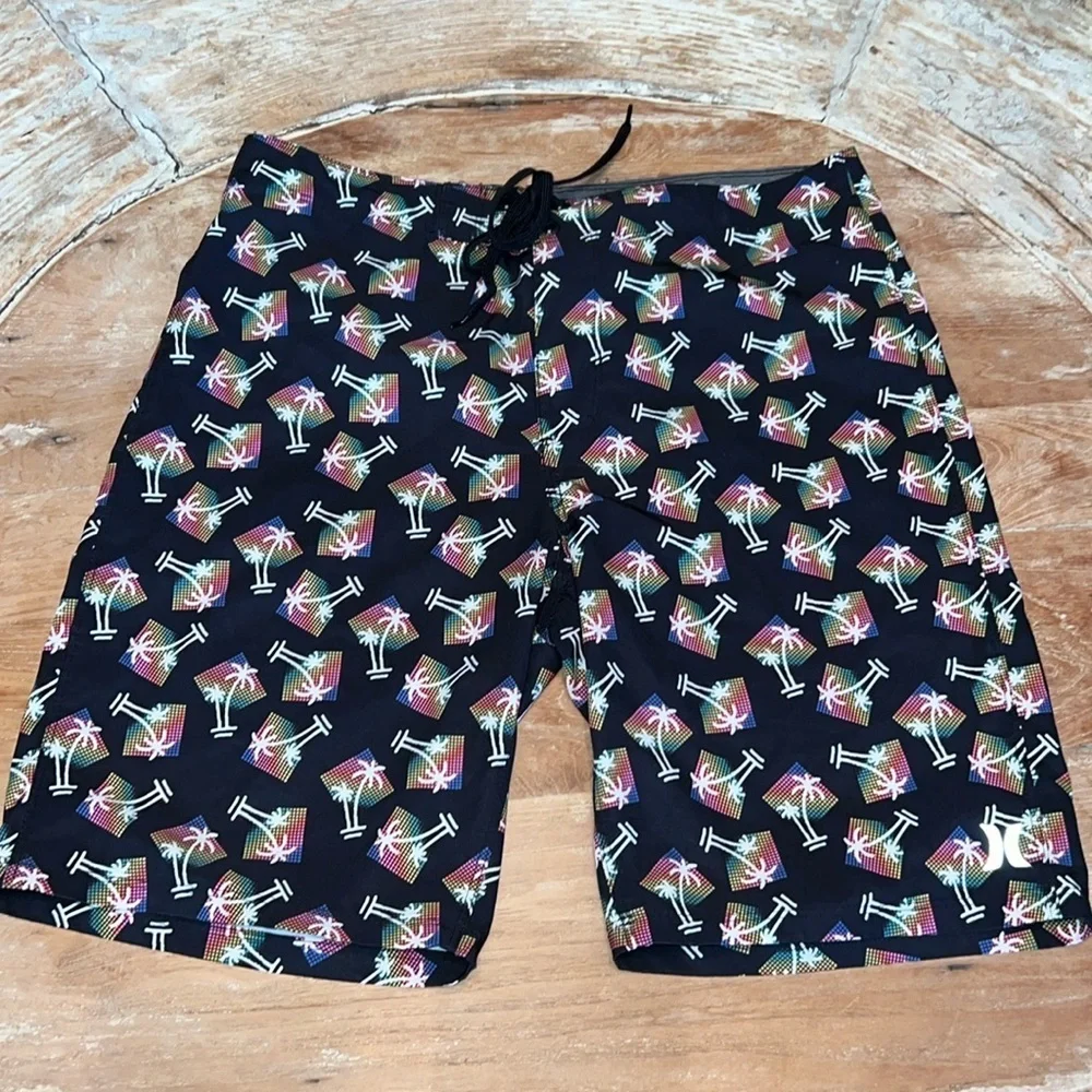 HURLEY Phantom Swim Trunks Black Neon Palm Tree Lightweight Quick Dry Size 32